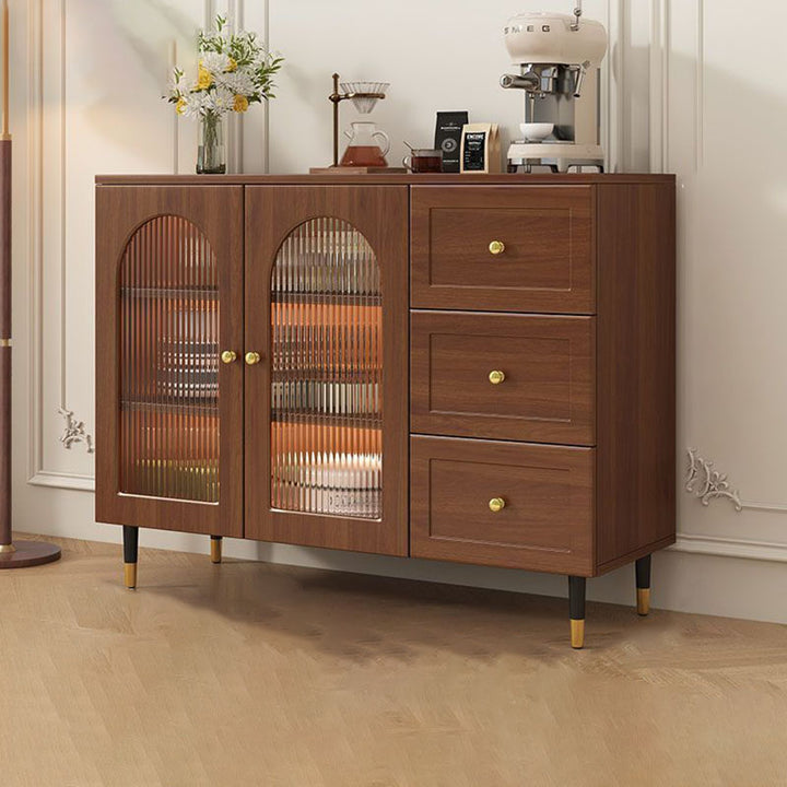 Armoire de rangement de grande capacité à 3 tiroirs pour salon, en panneau de particules de bois, verre et faux rotin tressé, style rustique traditionnel rectangulaire 
