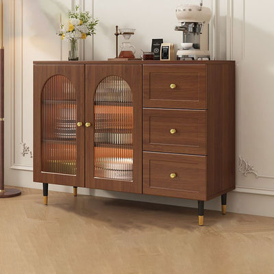 Traditional Rustic Rectangular Wood Particle Board Glass Faux Rattan Weaving Large Capacity Storage Cabinet 3-Drawer For Living Room