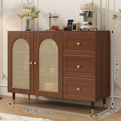Traditional Rustic Rectangular Wood Particle Board Glass Faux Rattan Weaving Large Capacity Storage Cabinet 3-Drawer For Living Room