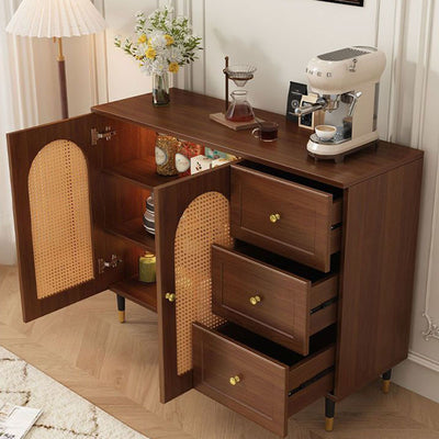 Traditional Rustic Rectangular Wood Particle Board Glass Faux Rattan Weaving Large Capacity Storage Cabinet 3-Drawer For Living Room