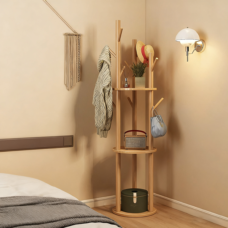 Modern Minimalist Rotatable Disk Branch Pine Wood MDF Clothes Tree Storage Shelf 3-Tier For Hallway &amp; Entryway