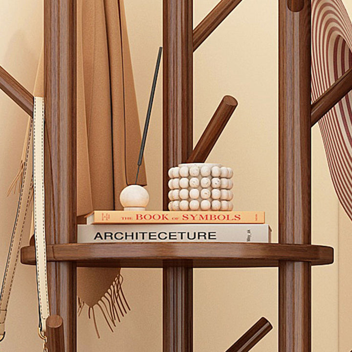 Modern Minimalist Rotatable Disk Branch Pine Wood MDF Clothes Tree Storage Shelf 3-Tier For Hallway &amp; Entryway
