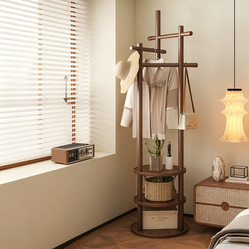 Modern Minimalist Rotatable Disk Branch Pine Wood MDF Clothes Tree Storage Shelf 3-Tier For Hallway &amp; Entryway