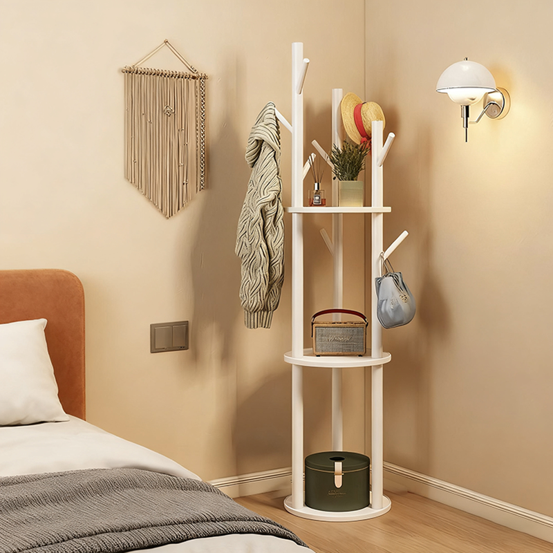 Modern Minimalist Rotatable Disk Branch Pine Wood MDF Clothes Tree Storage Shelf 3-Tier For Hallway &amp; Entryway
