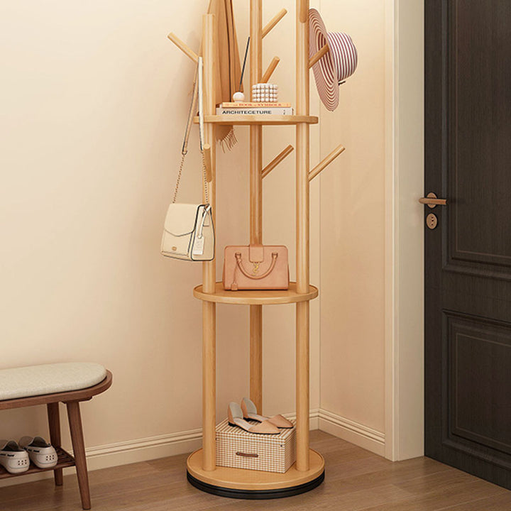 Modern Minimalist Rotatable Disk Branch Pine Wood MDF Clothes Tree Storage Shelf 3-Tier For Hallway &amp; Entryway