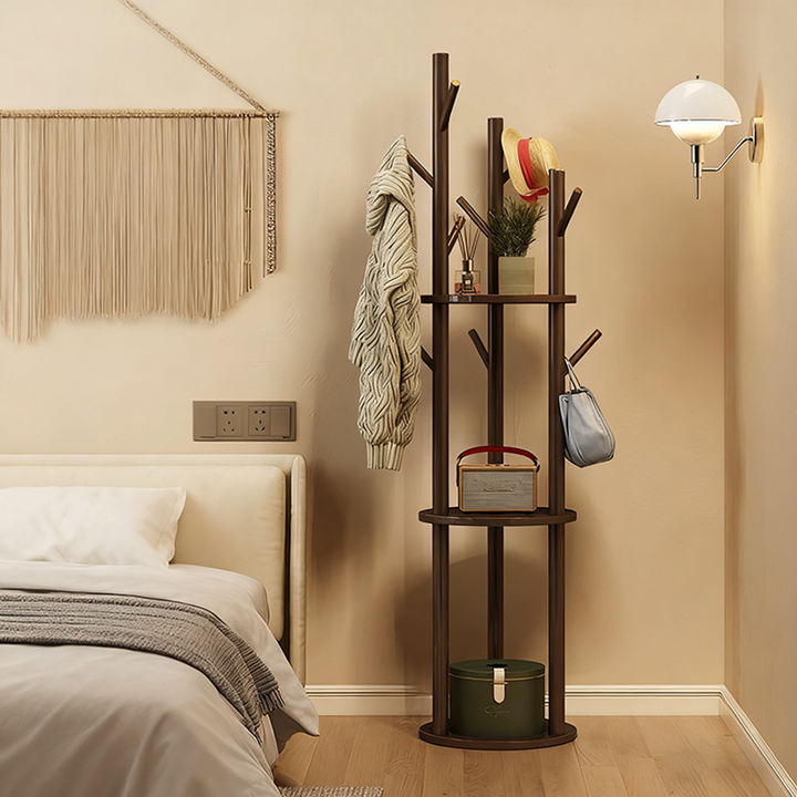 Modern Minimalist Rotatable Disk Branch Pine Wood MDF Clothes Tree Storage Shelf 3-Tier For Hallway &amp; Entryway