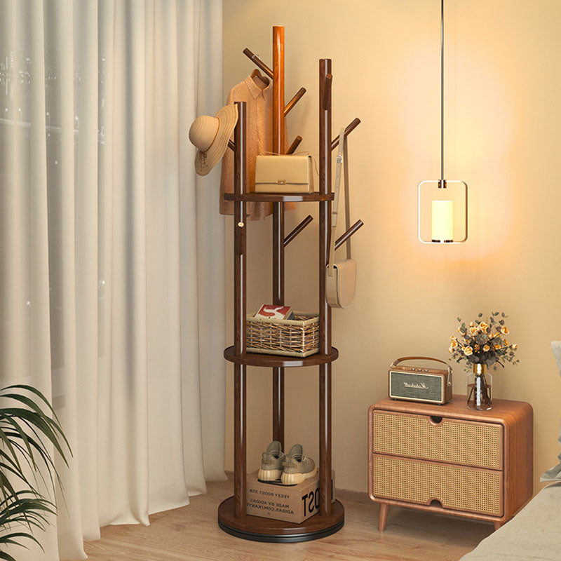 Modern Minimalist Rotatable Disk Branch Pine Wood MDF Clothes Tree Storage Shelf 3-Tier For Hallway &amp; Entryway
