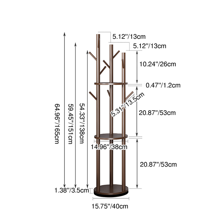 Modern Minimalist Rotatable Disk Branch Pine Wood MDF Clothes Tree Storage Shelf 3-Tier For Hallway &amp; Entryway
