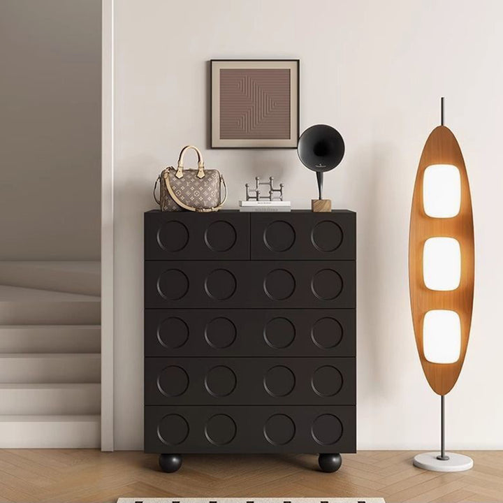 Contemporary Retro Rectangular Round Hole Plywood Particle Board Multi-Compartment Storage Cabinet 6-Drawer For Living Room
