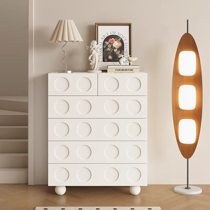 Contemporary Retro Rectangular Round Hole Plywood Particle Board Multi-Compartment Storage Cabinet 6-Drawer For Living Room