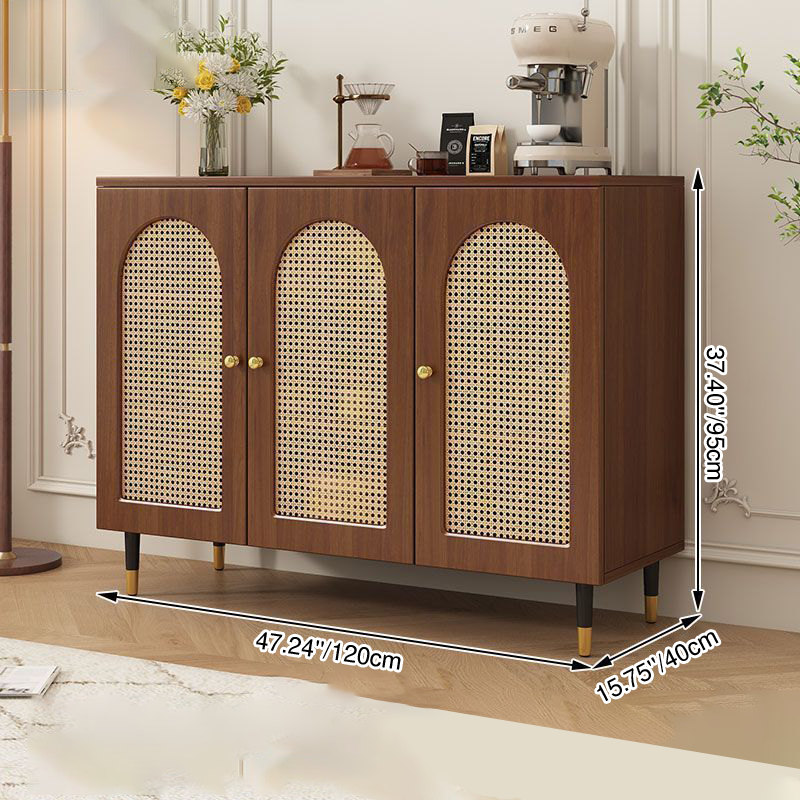 Armoire de rangement de grande capacité à 3 niveaux, style rustique traditionnel, rectangulaire, en panneau de particules de bois, verre, imitation tissage en rotin, pour salon 