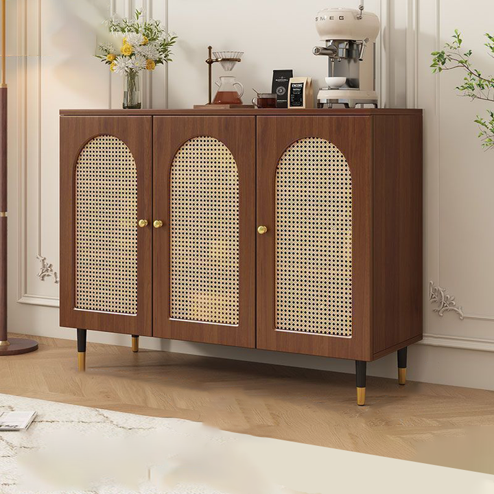 Traditional Rustic Rectangular Particle Board MDF Glass Faux Rattan Weaving Large Capacity Storage Cabinet 3-Tier For Living Room