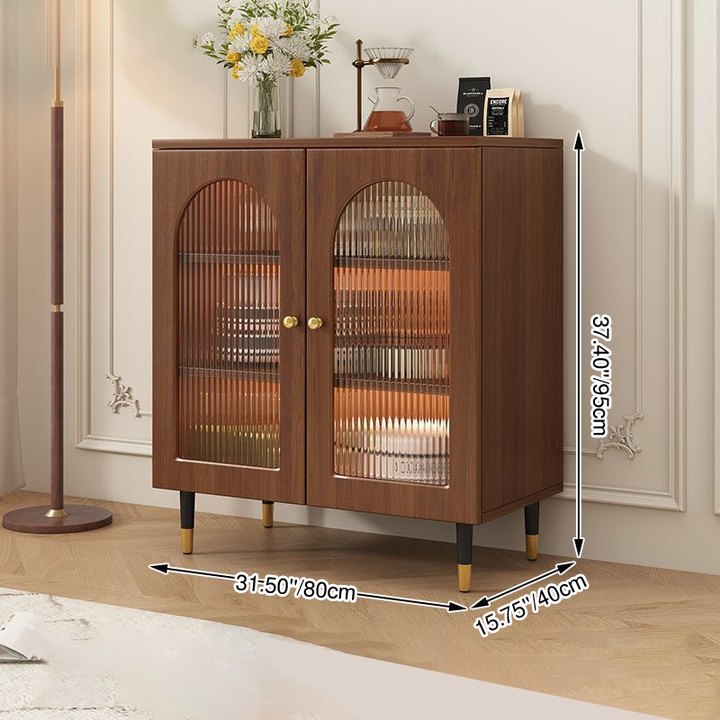 Traditional Rustic Rectangular Particle Board MDF Glass Faux Rattan Weaving Large Capacity Storage Cabinet 3-Tier For Living Room