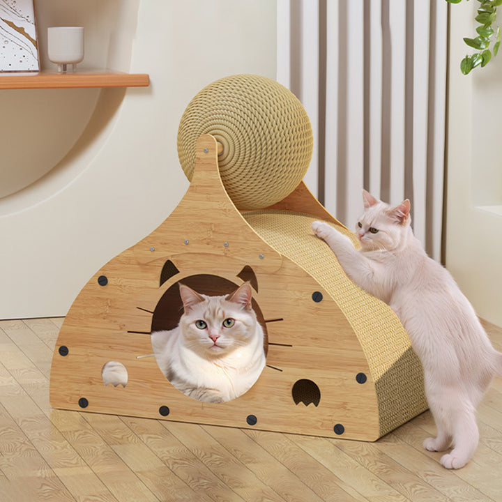 Traditional Rustic Wear-Resistant Semi-Circular MDF Corrugated Paper Integrated Cat Scratcher Cat Beds 1-Cabinet For Living Room