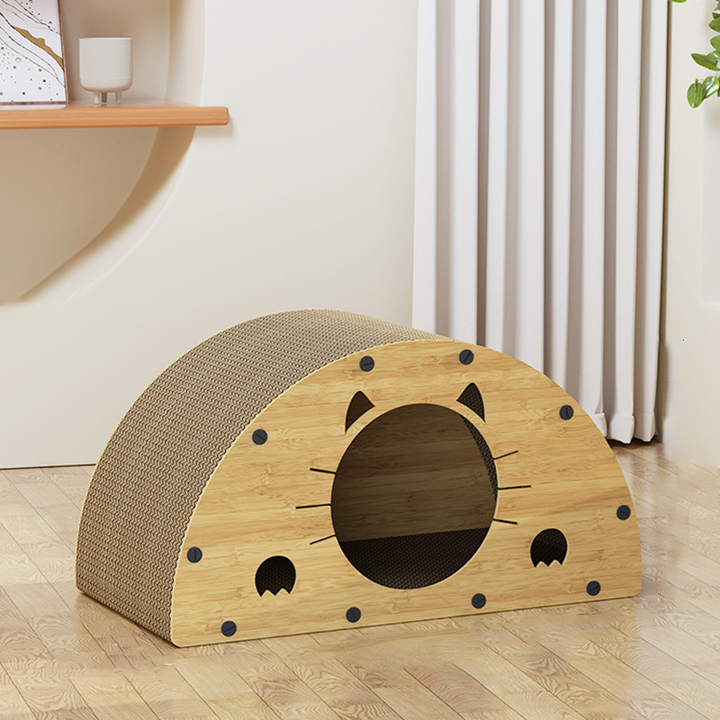 Traditional Rustic Wear-Resistant Semi-Circular MDF Corrugated Paper Integrated Cat Scratcher Cat Beds 1-Cabinet For Living Room