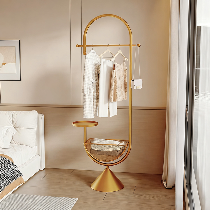 Moderner minimalistischer G-förmiger Bodenständer aus Eisen-Kohlenstoffstahl mit 1 Korb für das Schlafzimmer 
