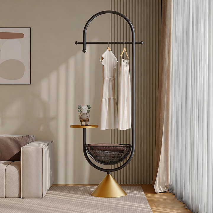 Moderner minimalistischer G-förmiger Bodenständer aus Eisen-Kohlenstoffstahl mit 1 Korb für das Schlafzimmer 