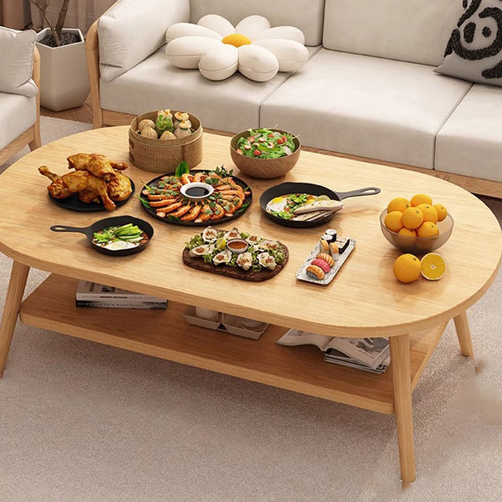 Modern Minimalist Oval Engineered Wood Solid Wood Coffee Table 2-Tier For Living Room