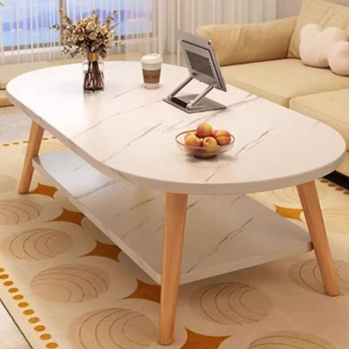 Modern Minimalist Oval Engineered Wood Solid Wood Coffee Table 2-Tier For Living Room