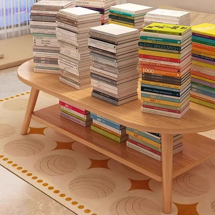 Modern Minimalist Oval Engineered Wood Solid Wood Coffee Table 2-Tier For Living Room