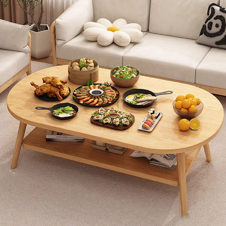 Modern Minimalist Oval Engineered Wood Solid Wood Coffee Table 2-Tier For Living Room