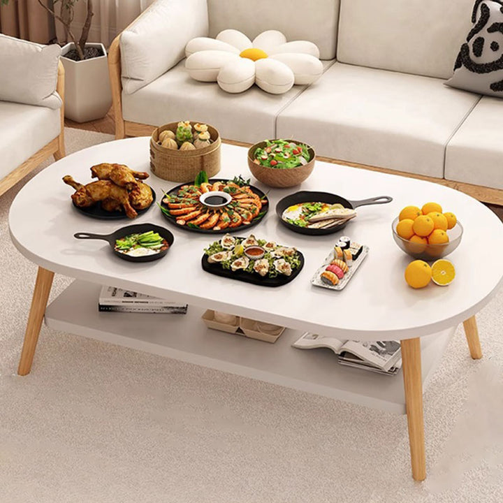 Modern Minimalist Oval Engineered Wood Solid Wood Coffee Table 2-Tier For Living Room