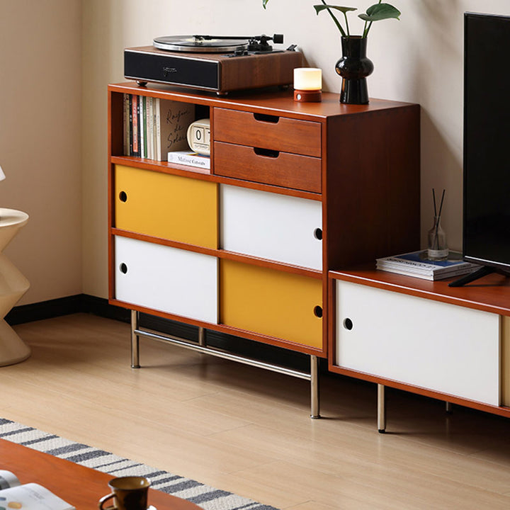 Traditional Vintage Rectangular Pine Wood Boxwood Plywood Stainless Steel Multi-Compartment Storage Cabinet 5-Tier For Living Room