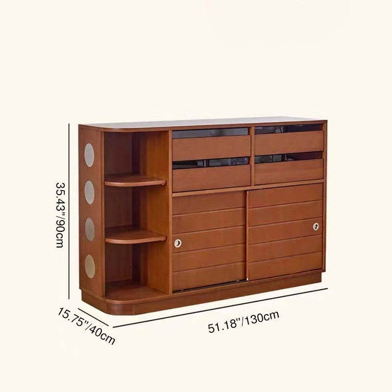 Buffet de rangement sur pied au design rétro contemporain, rectangulaire, en bois massif de buis, panneau multicouche, acier inoxydable et verre, à 4 tiroirs, pour salon et salle à manger 