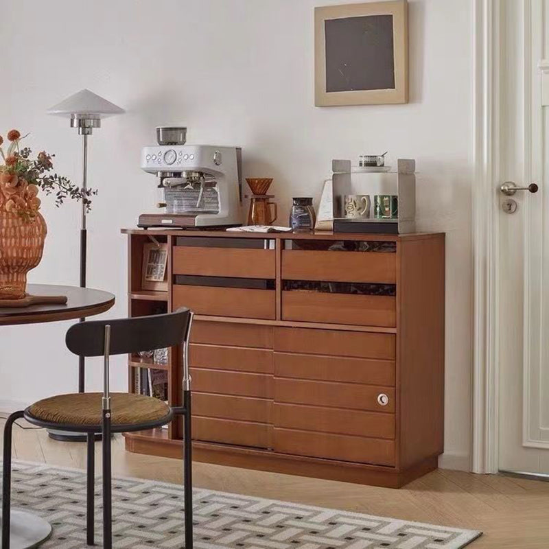 Buffet de rangement sur pied au design rétro contemporain, rectangulaire, en bois massif de buis, panneau multicouche, acier inoxydable et verre, à 4 tiroirs, pour salon et salle à manger 