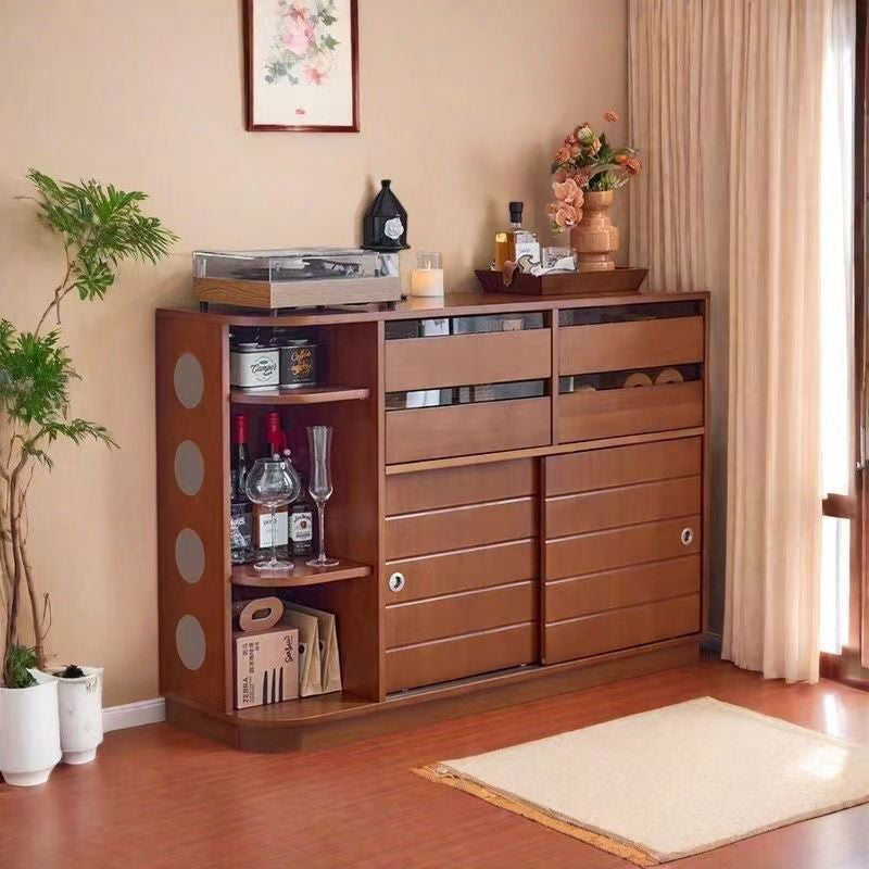 Buffet de rangement sur pied au design rétro contemporain, rectangulaire, en bois massif de buis, panneau multicouche, acier inoxydable et verre, à 4 tiroirs, pour salon et salle à manger 