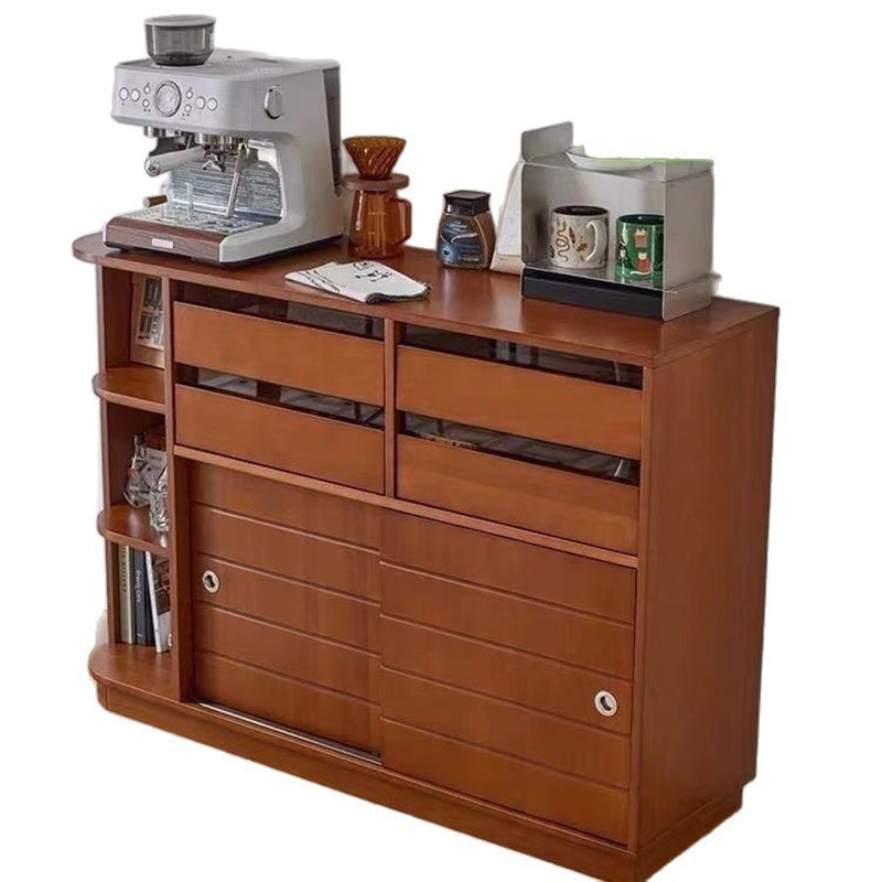 Buffet de rangement sur pied au design rétro contemporain, rectangulaire, en bois massif de buis, panneau multicouche, acier inoxydable et verre, à 4 tiroirs, pour salon et salle à manger 