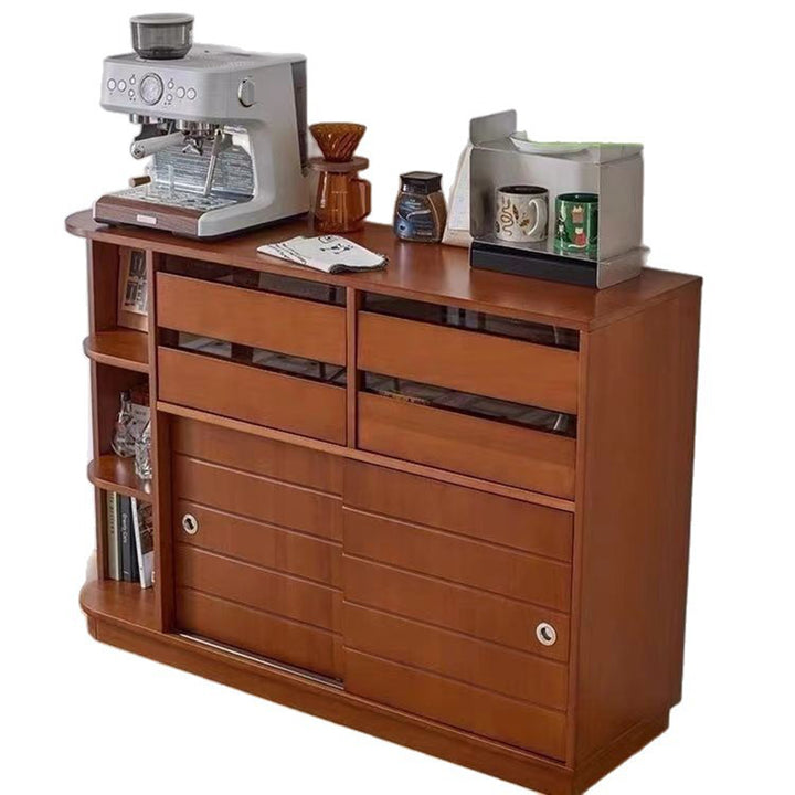 Buffet de rangement sur pied au design rétro contemporain, rectangulaire, en bois massif de buis, panneau multicouche, acier inoxydable et verre, à 4 tiroirs, pour salon et salle à manger 