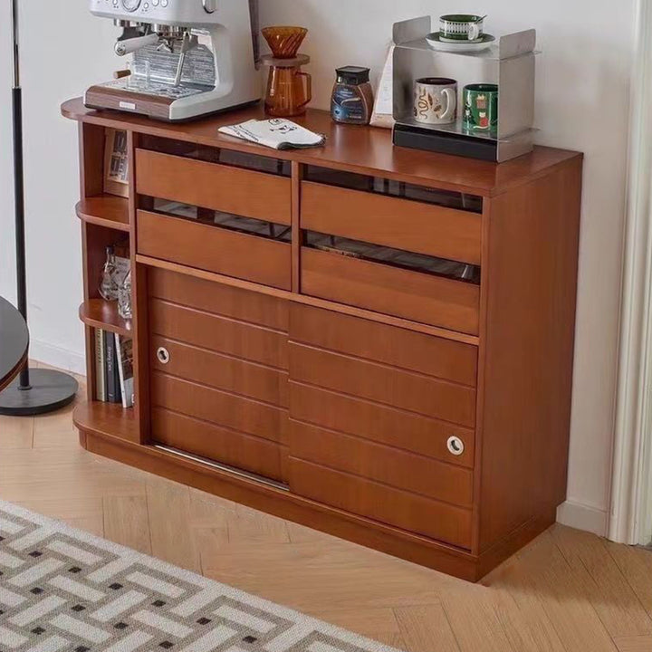 Zeitgenössisches Retro-Rechteckiges Buchsbaum-Massivholz-Mehrschichtbrett Edelstahl-Glas-Bodenstehendes Sideboard-Aufbewahrungsschrank 4-Schubladen Für Wohnzimmer & Esszimmer 