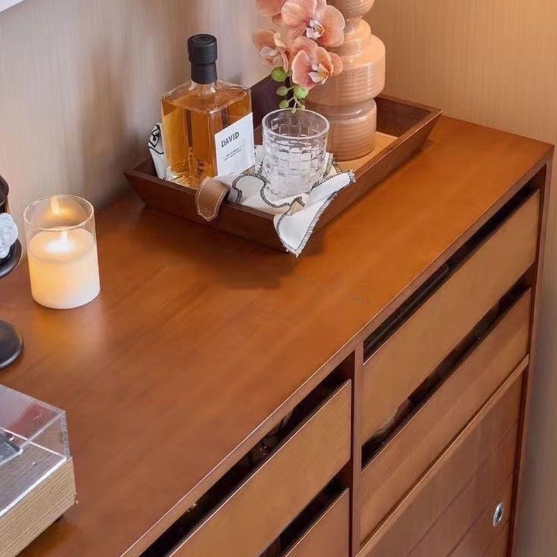 Buffet de rangement sur pied au design rétro contemporain, rectangulaire, en bois massif de buis, panneau multicouche, acier inoxydable et verre, à 4 tiroirs, pour salon et salle à manger 