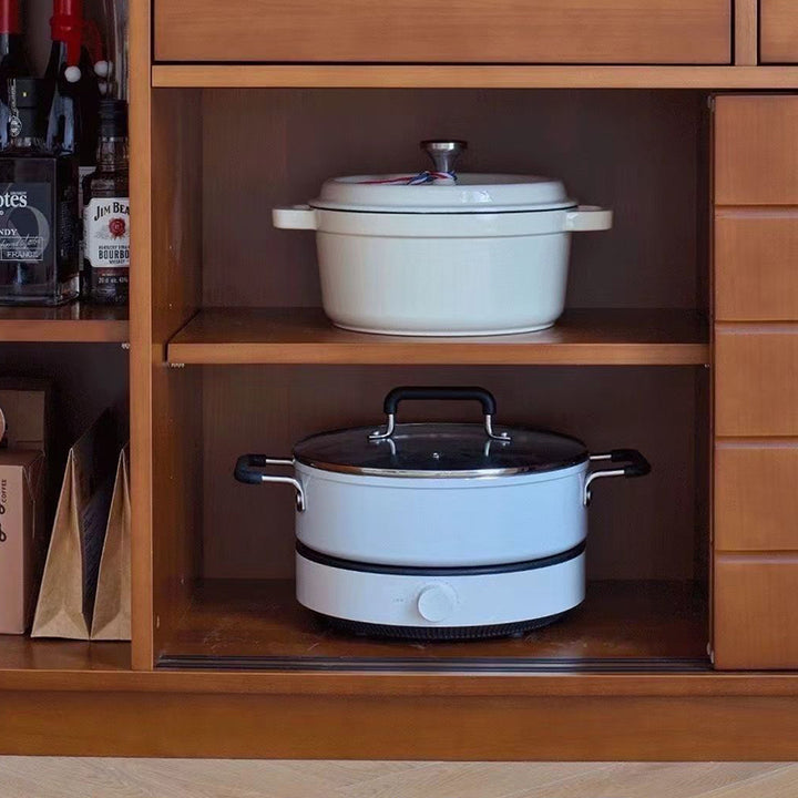 Buffet de rangement sur pied au design rétro contemporain, rectangulaire, en bois massif de buis, panneau multicouche, acier inoxydable et verre, à 4 tiroirs, pour salon et salle à manger 