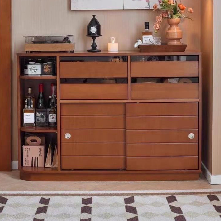 Zeitgenössisches Retro-Rechteckiges Buchsbaum-Massivholz-Mehrschichtbrett Edelstahl-Glas-Bodenstehendes Sideboard-Aufbewahrungsschrank 4-Schubladen Für Wohnzimmer & Esszimmer 