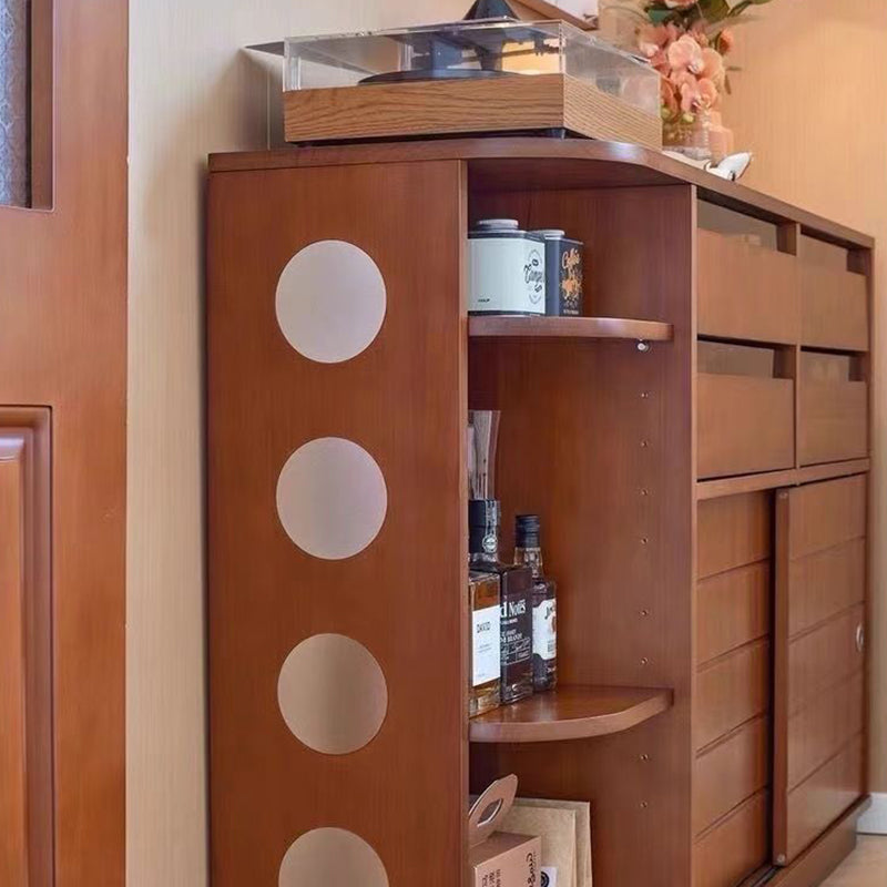 Buffet de rangement sur pied au design rétro contemporain, rectangulaire, en bois massif de buis, panneau multicouche, acier inoxydable et verre, à 4 tiroirs, pour salon et salle à manger 
