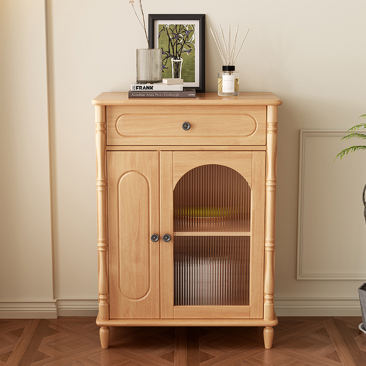 Moderner minimalistischer rechteckiger Gummibaum Massivholz Mehrschichtplatte Glas-Sideboard Aufbewahrungsschrank mit 1 Schublade für das Wohnzimmer 