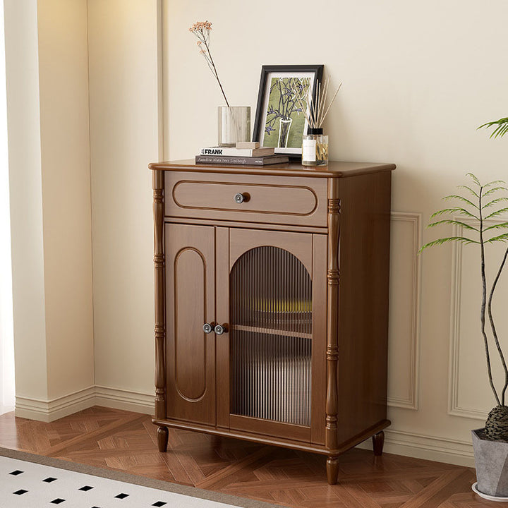 Moderner minimalistischer rechteckiger Gummibaum Massivholz Mehrschichtplatte Glas-Sideboard Aufbewahrungsschrank mit 1 Schublade für das Wohnzimmer 
