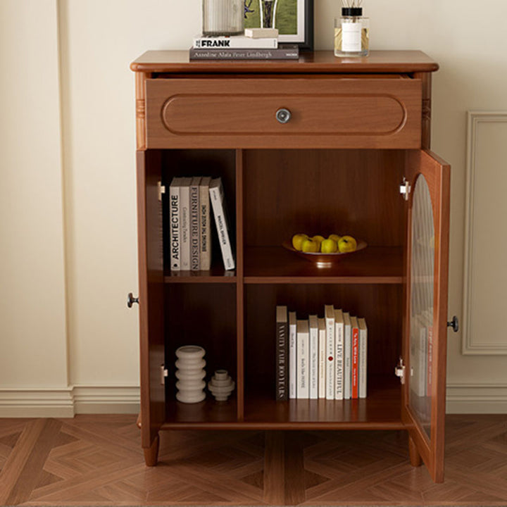 Moderner minimalistischer rechteckiger Gummibaum Massivholz Mehrschichtplatte Glas-Sideboard Aufbewahrungsschrank mit 1 Schublade für das Wohnzimmer 