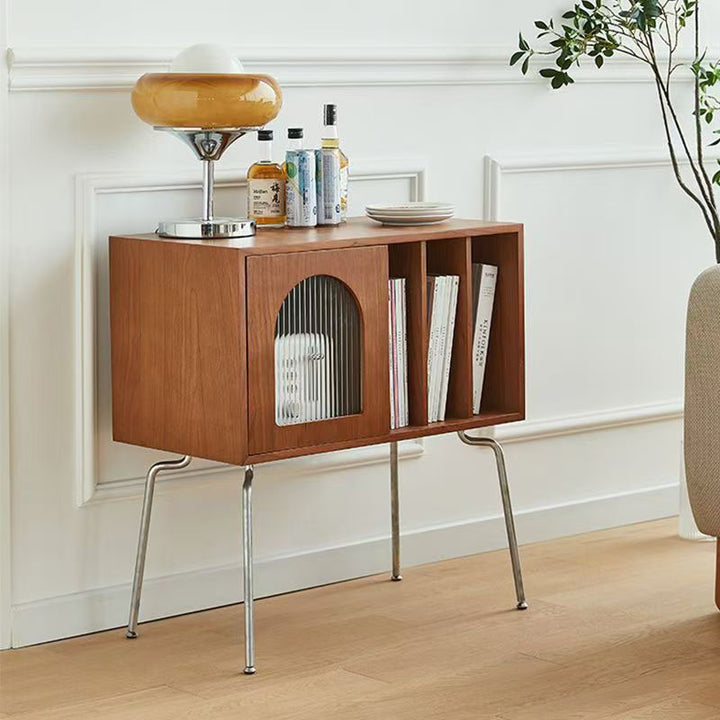 Zeitgenössischer Retro-Rechteckiger Kiefernholz Massivholz Mehrschichtplatte Edelstahl Glas Aufbewahrungsschrank 2/3-Etagen Für Wohnzimmer & Arbeitszimmer 