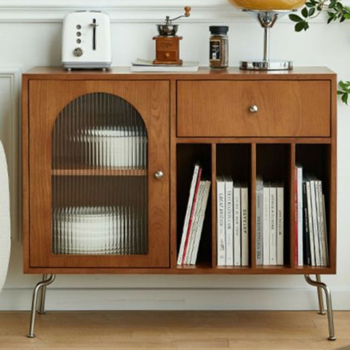 Zeitgenössischer Retro-Rechteckiger Kiefernholz Massivholz Mehrschichtplatte Edelstahl Glas Aufbewahrungsschrank 2/3-Etagen Für Wohnzimmer & Arbeitszimmer 