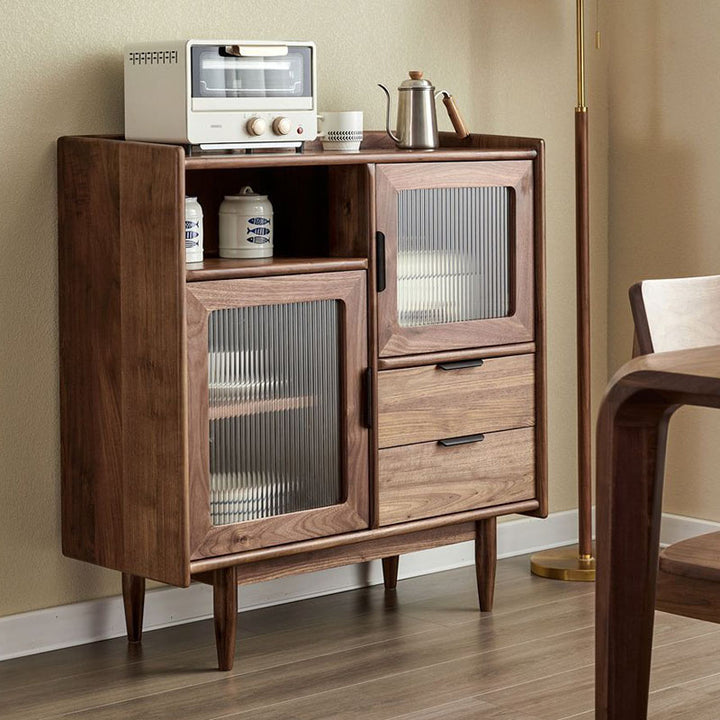 Traditioneller Vintage Rechteckiger Kiefernholz Massivholz Mehrschichtplatte Glas Großraum Aufbewahrungsschrank 2-Schubladen Für Wohnzimmer 