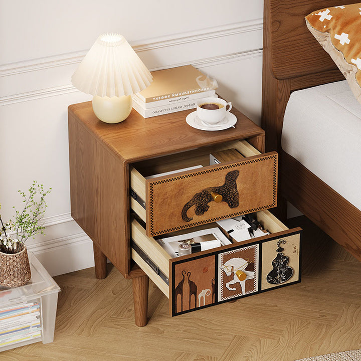 Contemporary Retro Square Rounded Corner Anti-Collision Design Rubberwood Plywood Hardware Nightstand 2-Drawer For Bedroom