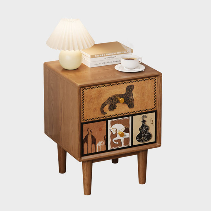 Contemporary Retro Square Rounded Corner Anti-Collision Design Rubberwood Plywood Hardware Nightstand 2-Drawer For Bedroom