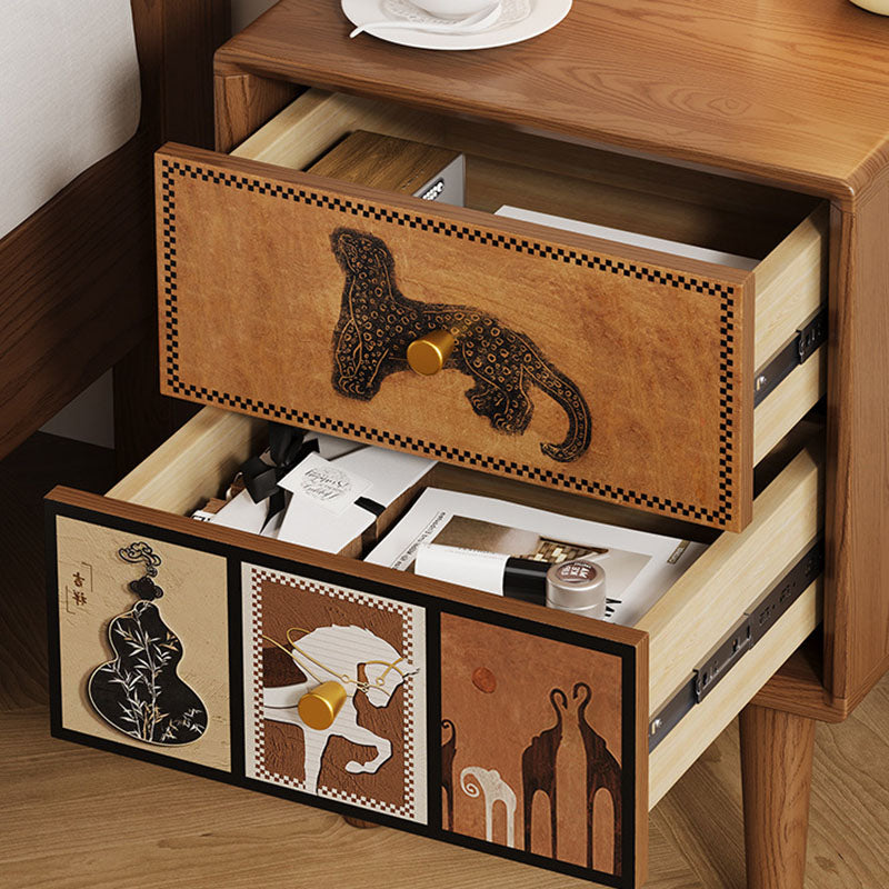 Contemporary Retro Square Rounded Corner Anti-Collision Design Rubberwood Plywood Hardware Nightstand 2-Drawer For Bedroom