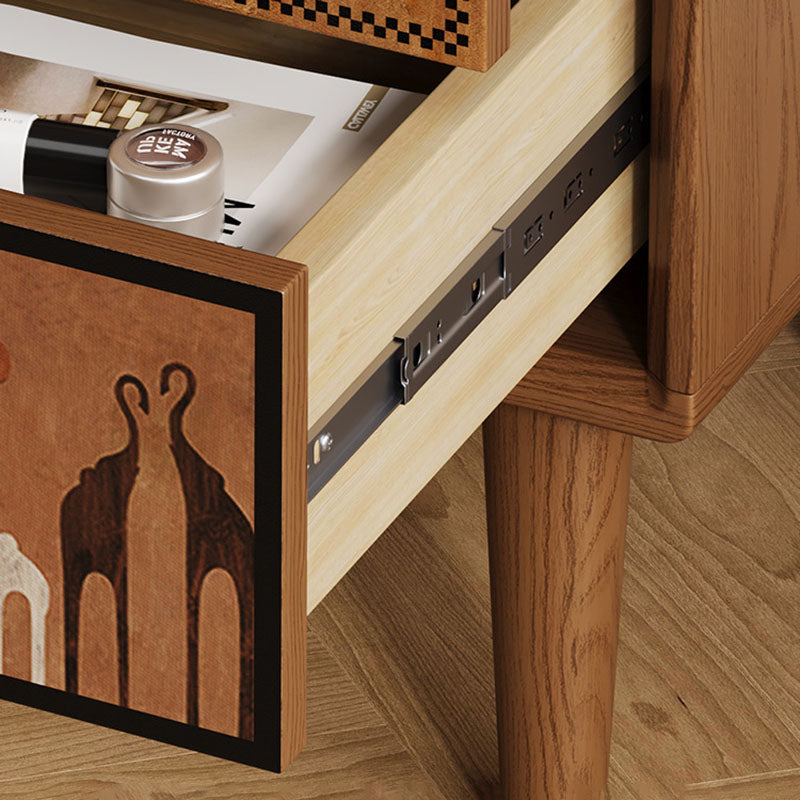 Contemporary Retro Square Rounded Corner Anti-Collision Design Rubberwood Plywood Hardware Nightstand 2-Drawer For Bedroom