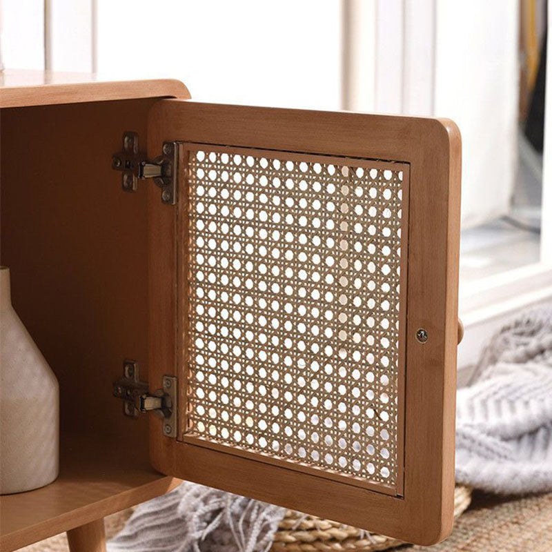 Traditioneller rustikaler quadratischer Nachttisch aus Gummibaum-Massivholz mit mehrschichtigem PE-Rattan-Geflecht und 1-Schrank für das Schlafzimmer 