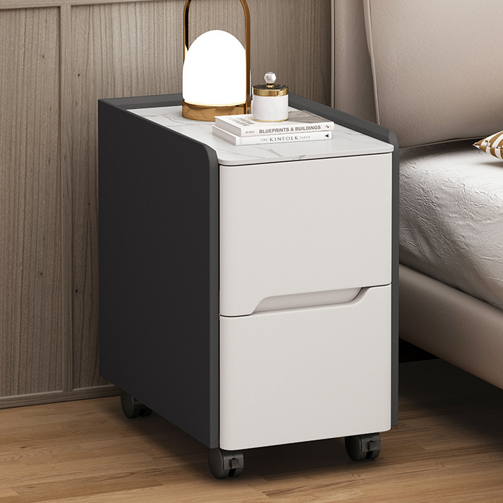 Table de chevet mobile à 2 tiroirs pour chambre, style scandinave contemporain, rectangulaire étroit, plateau en roche, bois de pin massif, panneau multicouche, griffoir pour chat en cuir et quincaillerie 