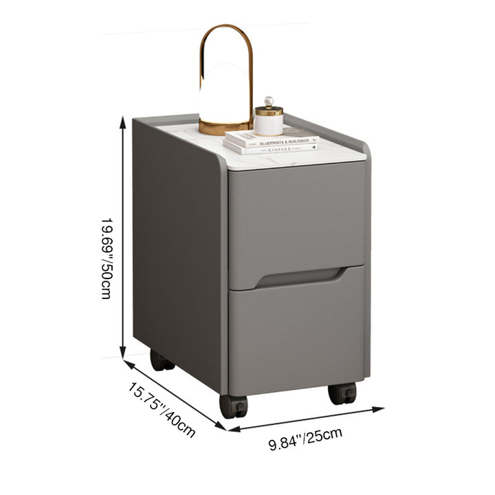 Table de chevet mobile à 2 tiroirs pour chambre, style scandinave contemporain, rectangulaire étroit, plateau en roche, bois de pin massif, panneau multicouche, griffoir pour chat en cuir et quincaillerie 